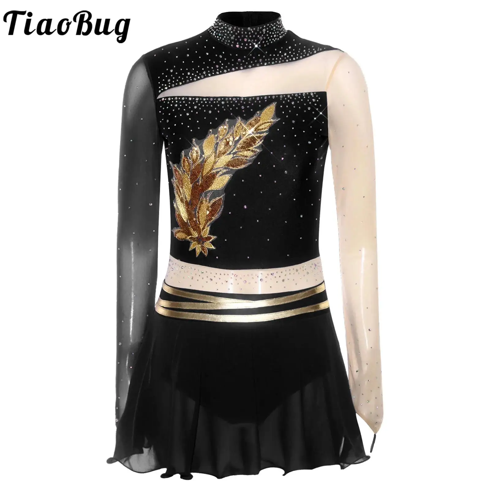 

Women Figure Ice Skating Lyrical Dancing Dress Sheer Mesh Long Sleeve Rhinestones Leotard Modern Dance Dress Performance Costume