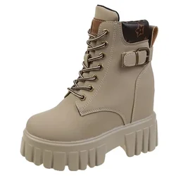 10cm Woman Hidden Wedges Boots Chunky Platform Women's Ankle Boots Autumn Winter Punk Style Metal Buckle Super High Heels Boots