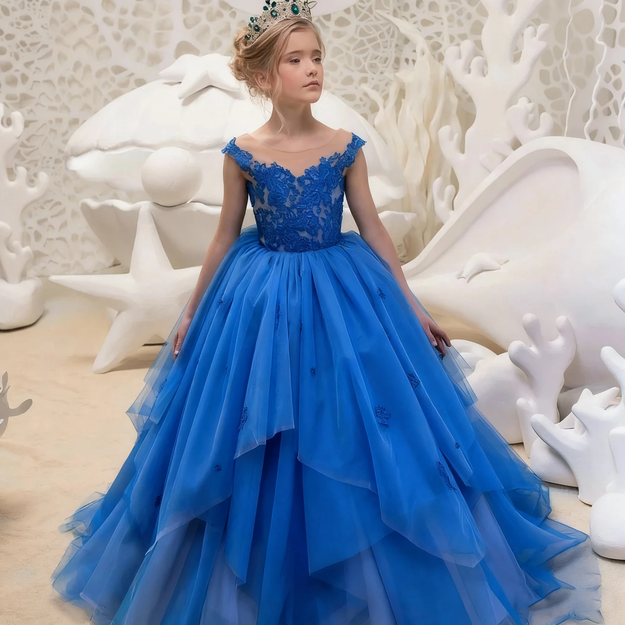 

Синие платья с цветочным узором для девочек, пышное платье для свадьбы, кружевные аппликации длиной до пола, платья для дня рождения, первого причастия по индивидуальному заказу