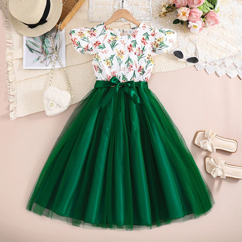 Summer For 8-12 Years Grils Kids White Print Fly Sleeve Green Knee-Length Tulle Dress Casual Style Beach Holiday Clothes