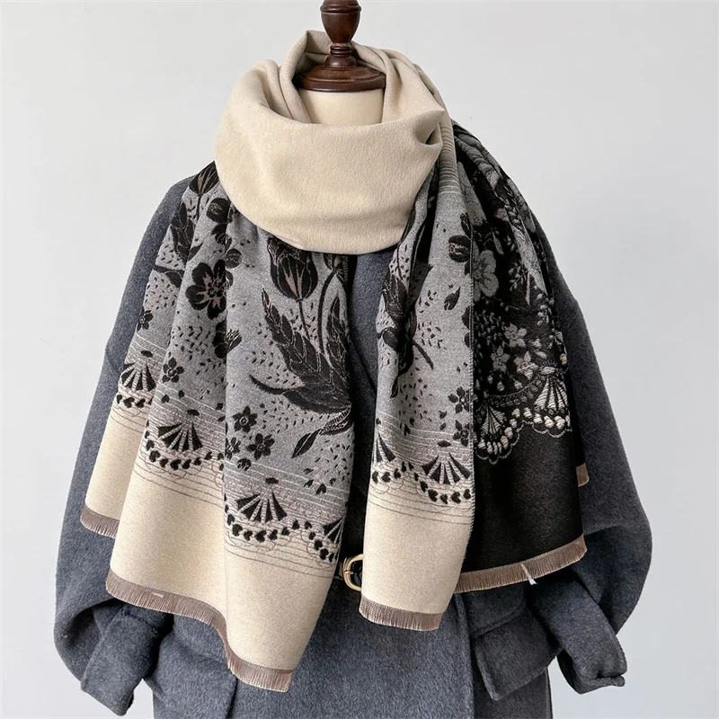 2024 Design Floral Printed Cashmere Scarf Women Winter Pashmina Shawls And Wraps Thick Warm Bufanda Stoles Blanket Luxury