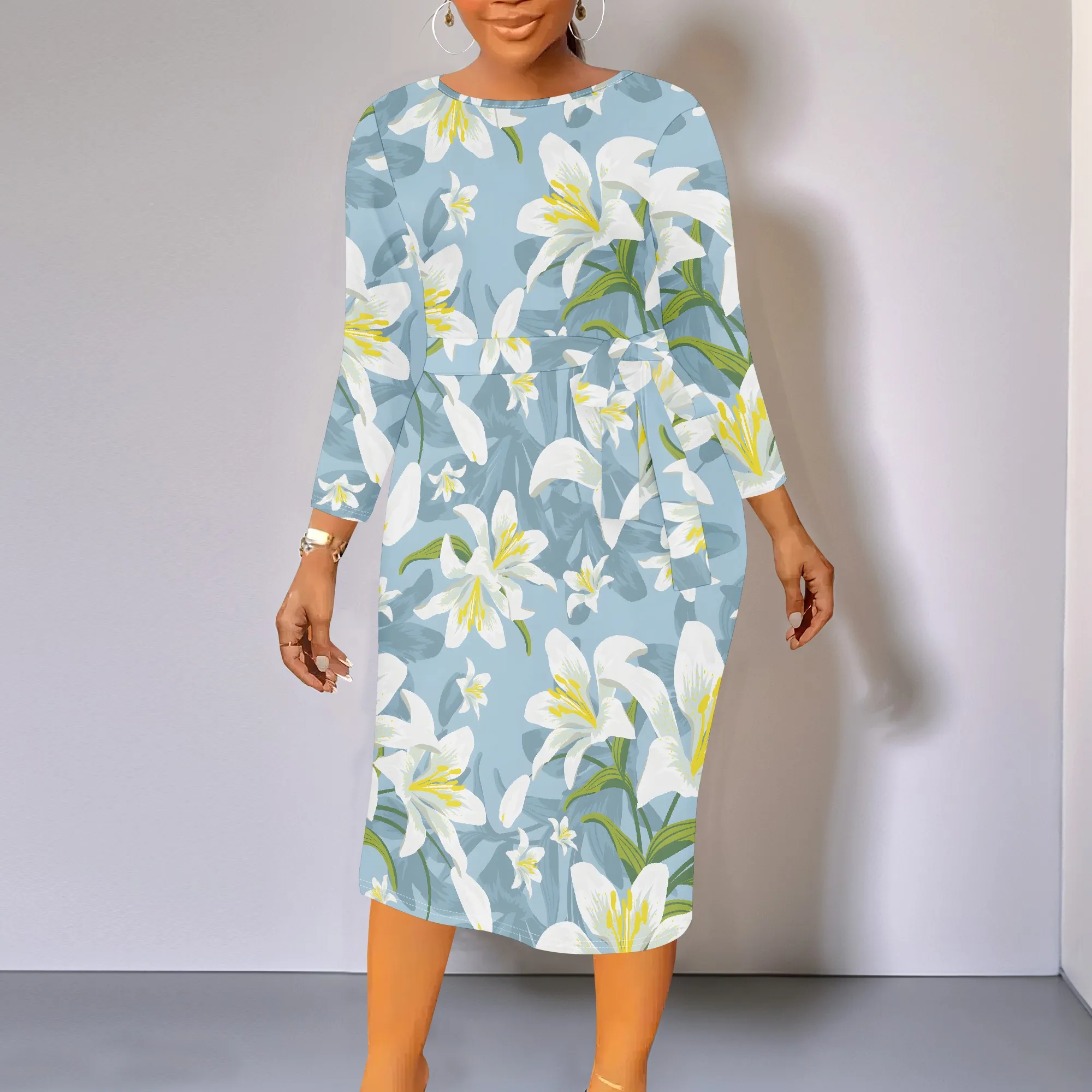 Vestido informal de talla grande con estampado de flores para mujer, vestido informal de manga larga con cuello redondo y cinturón, moda de otoño