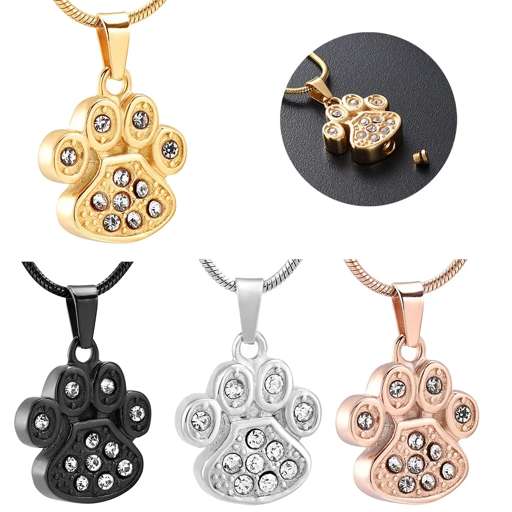 

Pet Cremation Urn Jewelry Paw With Crystal Locket Pendant For Dogs/Cats Ashes Urns Necklace Stainless Steel Memorial Keepsake