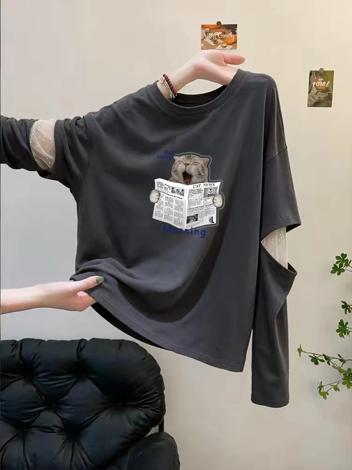 High-End Women's Long Sleeve T-Shirt Mesh Splicing Fake Two-Piece Autumn Fashion Versatile Beautiful Top Relaxing Style Creat...