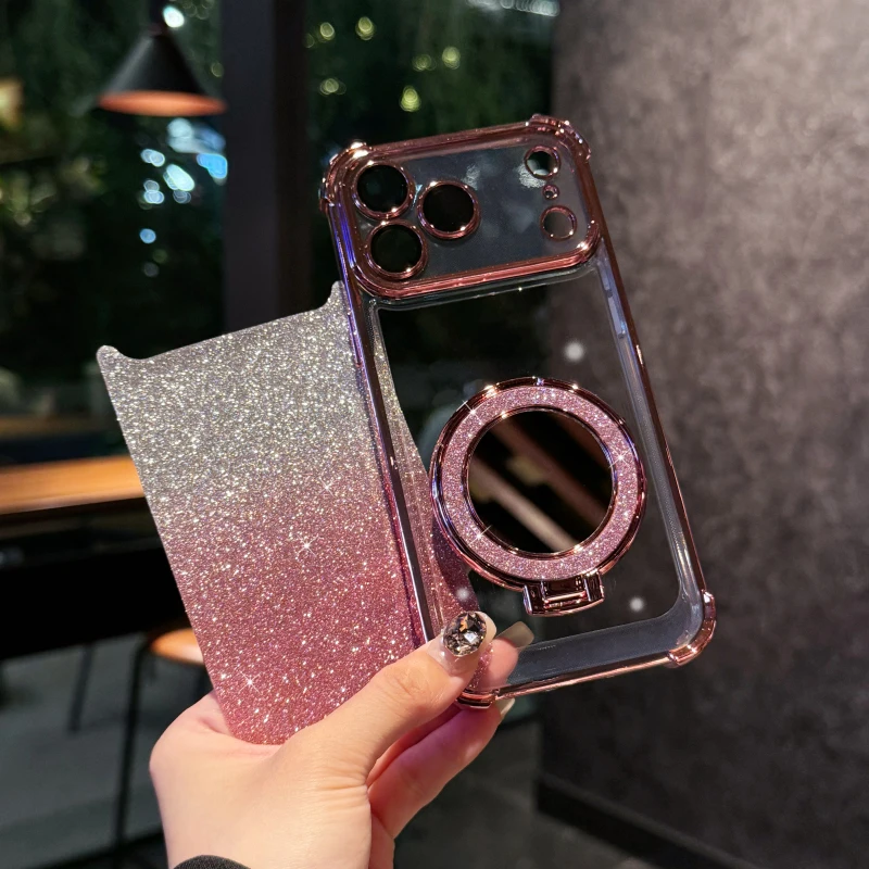 Plating Four Corner Shockproof Gradient Glitter TPU Makeup Mirror Holder Phone Case For iPhone 17 Pro Max/17/17 Pro Bumper Cover - náhled 2