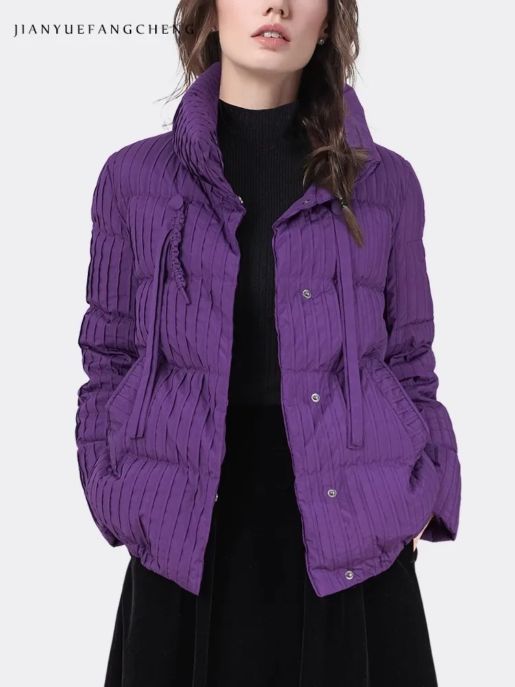 2024 Winter Fashion Women' Purple Striped Down Jacket Loose-fitting Warm Thickened White Duck Down Padded Puffer Coat Parkas