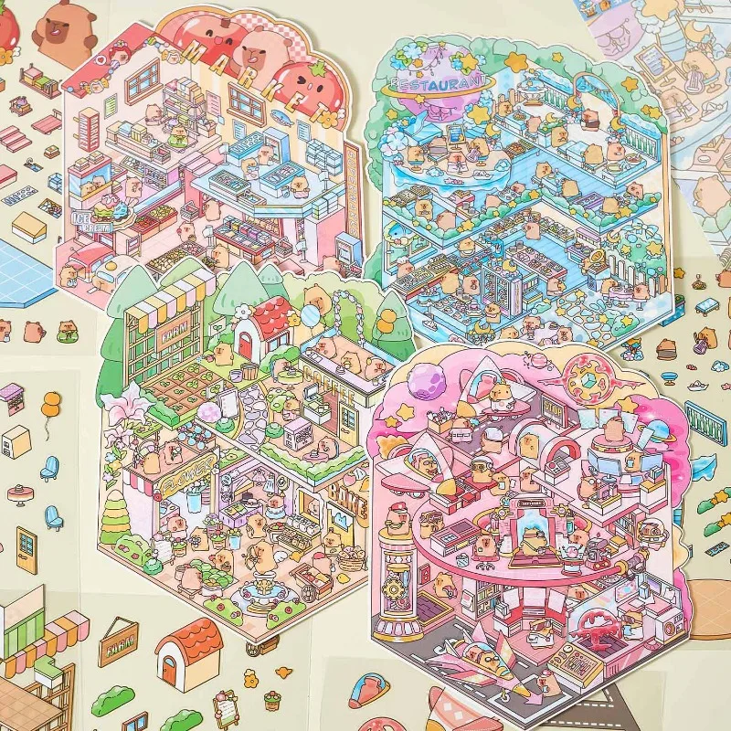 

Наклейки с капибарой и диорамой, 3D миниатюрная сцена, наклейки для скрапбукинга «сделай сам», кавайные тематические принадлежности для журналов, наклейка для облегчения тревоги