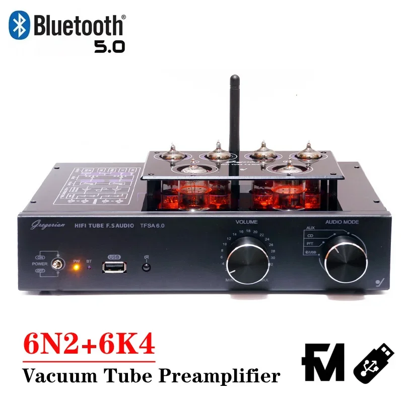 

6n2 6k4 Vacuum Tube Preamplifier Bluetooth 5.0 Supports MM/MC Vinyl Record USB FM Radio Low Distortion HIFI Amplifier Audio