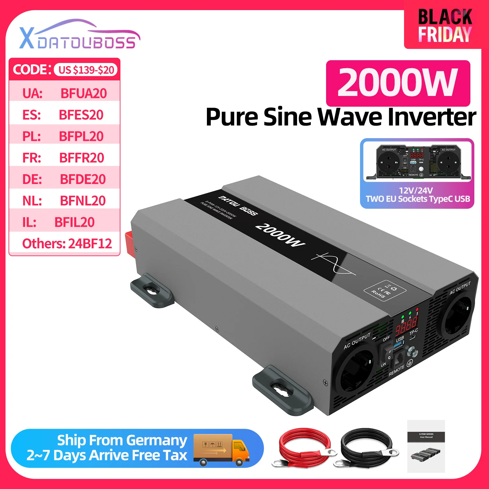 DATOUBOSS Pure Sine Inverter 24v 12V to 220v Inverter DC to AC 2000W 50Hz EU Power Socket Type-C USB Interface LCD Display