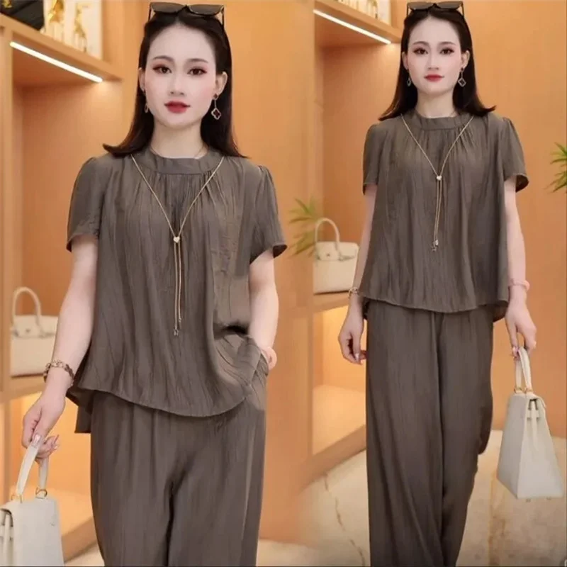 Fashion Ice Silk Wrinkle Short sleeved Set for Women\'s Summer New Skin Covering and Slimming Top Wide Leg Pants Two piece Set