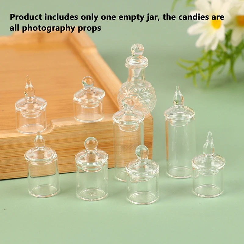 1Pc 1:12 Dollhouse Miniature Clear Glass Jar Candy Bean Storage Bottle Tiny Jar With Cover DollHouse Kitchen Decor Accessories