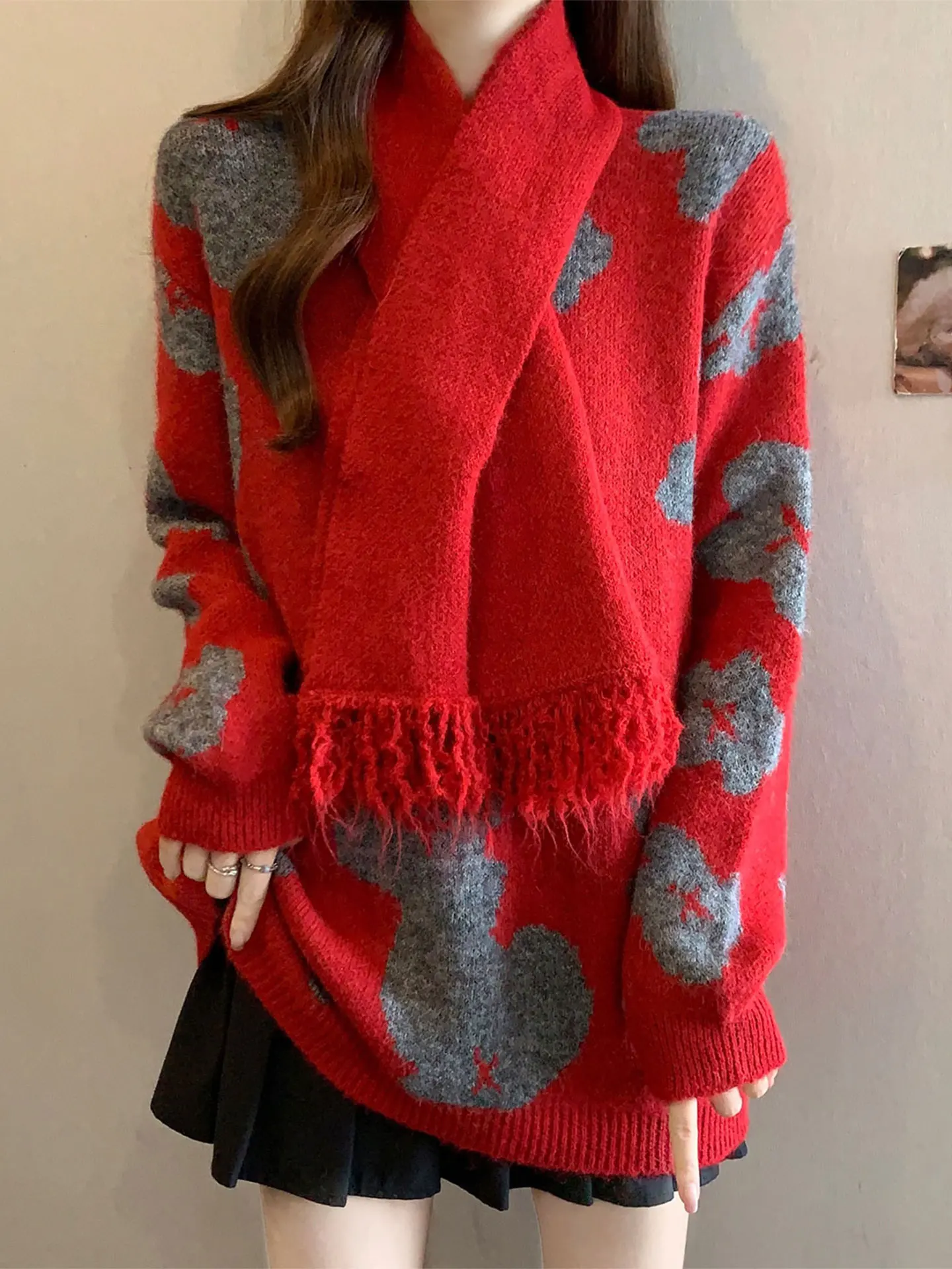 

Красный вязаный свитер Long Sve с шарфом, повседневный женский модный свитер большого размера Agel, зимний теплый мягкий полиэстер