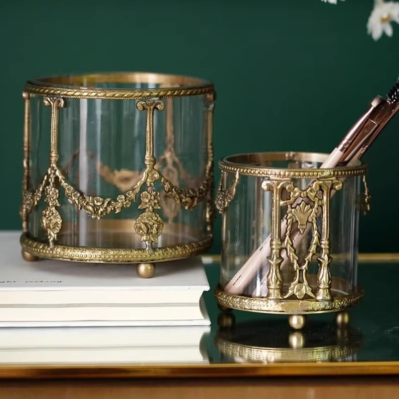 

European retro carved brass glass storage bucket makeup brush pen holder desktop light luxury ornament