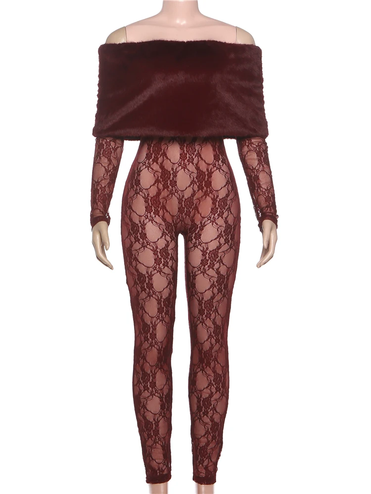 

Sisterlinda Sexy Furry Patchwork Jumpsuits Women Coquette See Through Jacquard Slash Neck Full Sleeve Skinny Chic Party Clubwear