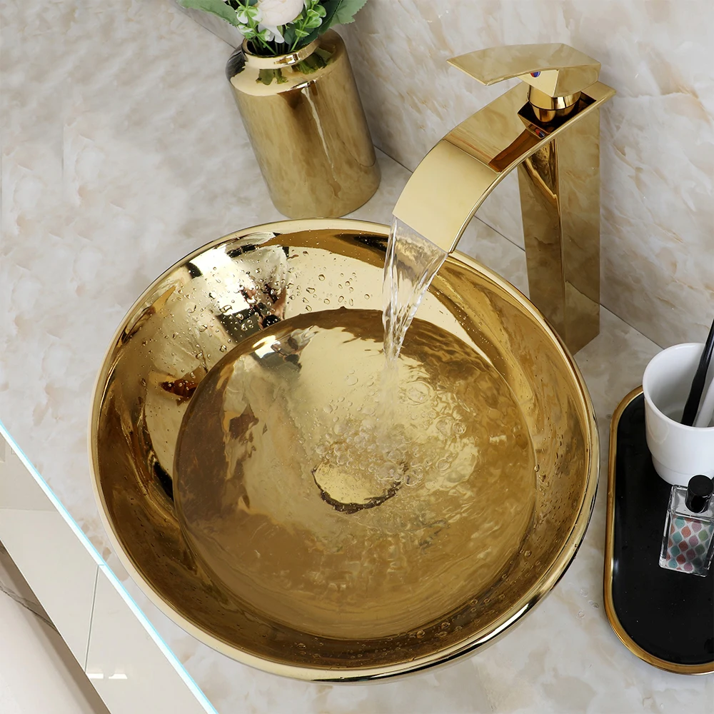 KEMAIDI Bathroom Vessel Sink Luxury Shiny Gold Ceramic Vanity Bowl Round Above Counter Basin for Bar and Cloakroom w/ Faucet Tap view 3