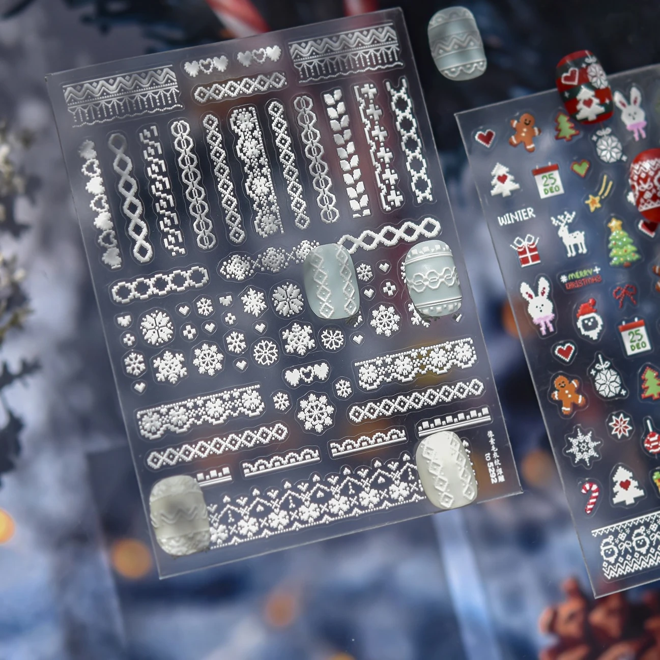 픽셀 아트 스타일 로맨틱 스노우 겨울 산타 클로스 크리스마스 트리 눈송이 토끼 곰 눈사람 네일 아트 스티커 매니큐어 데칼