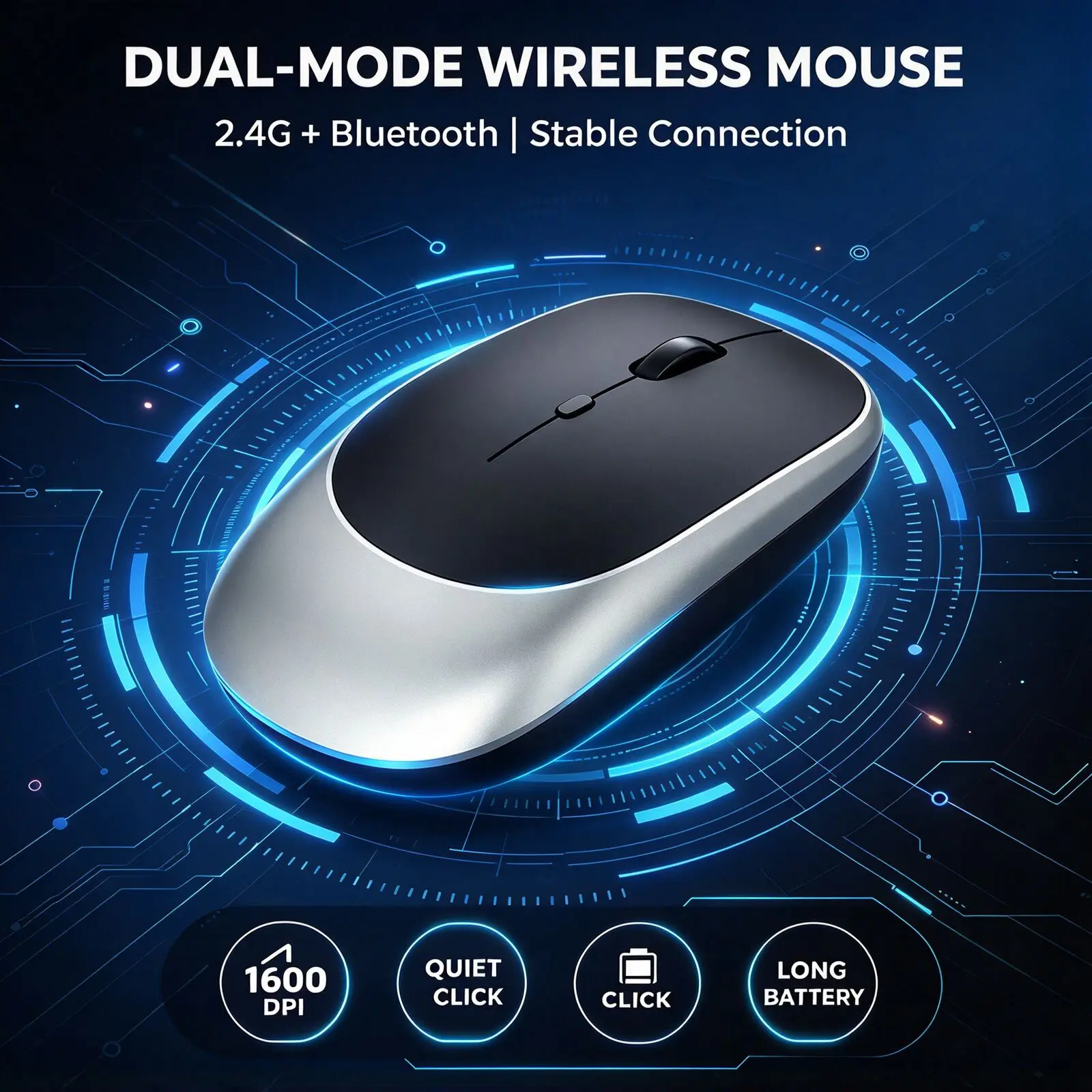 Rechargeable Wireless Mouse 2.4G 3‑Button Ergonomic Mouse 800‑1600 DPI 500mAh Built‑in Receiver 10M Range For Laptop PC Desktop