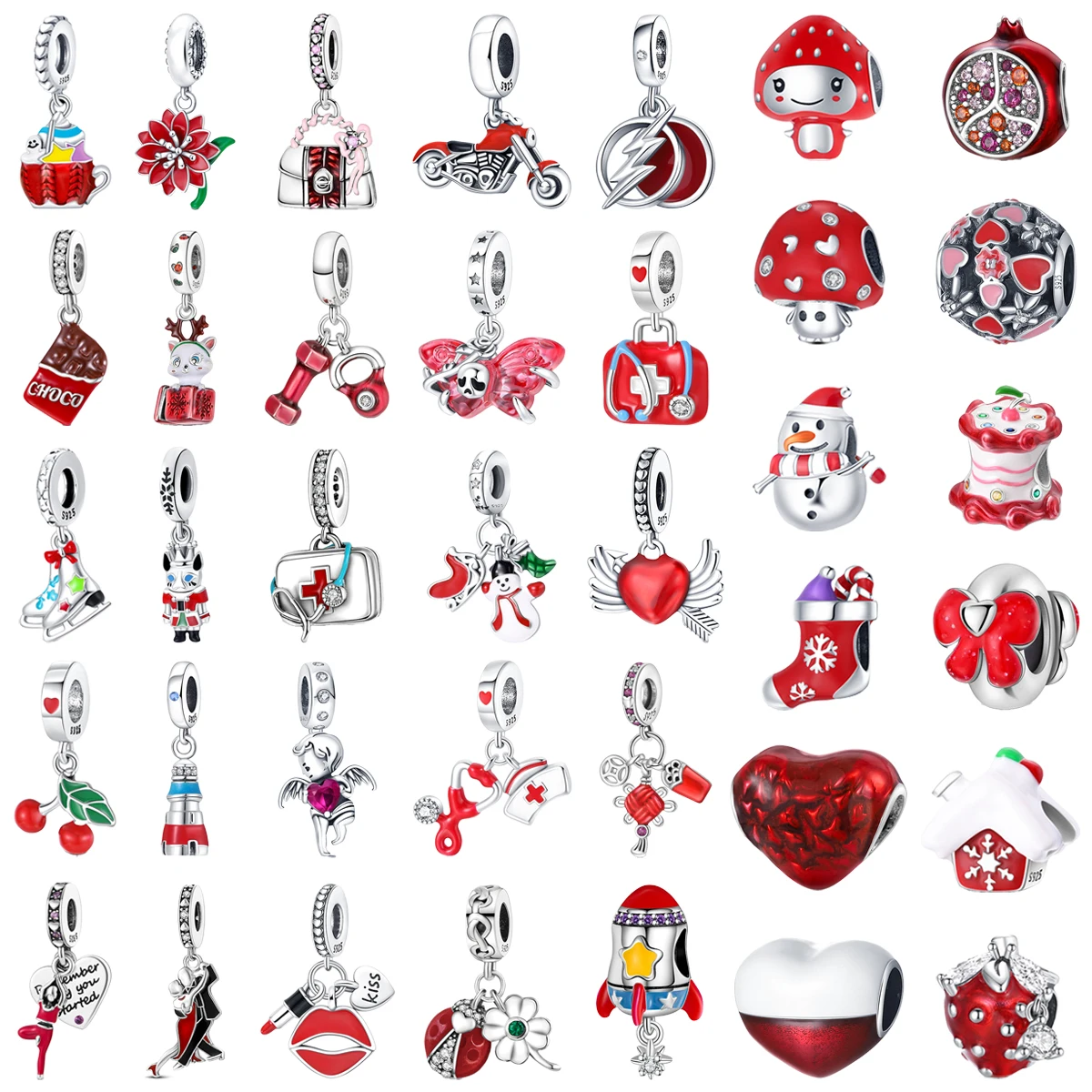 Original 925 Charms Sterling Silver Red Animal Heart Flower Snow Fruit Beaded Pendant for PandoraDIYBracelet Ladies Jewelry Gift