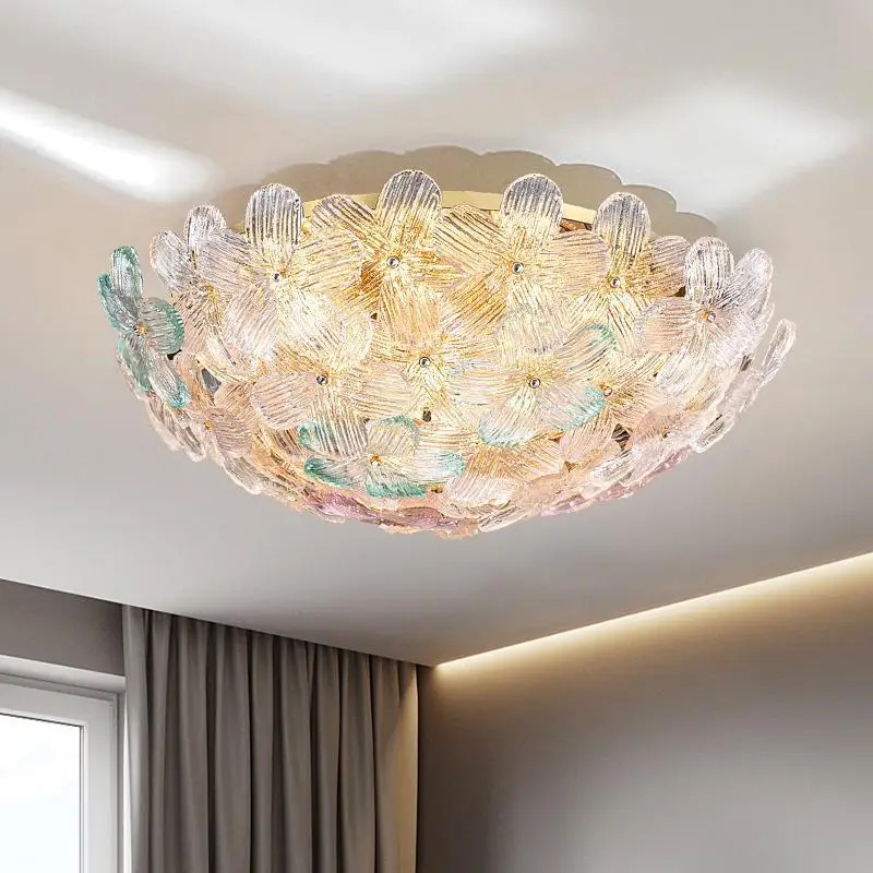 French Full Spectrum Living Room Petal Glass Lights Luxury Cream Wind Lamp Romantic Bedroom Ceiling Light