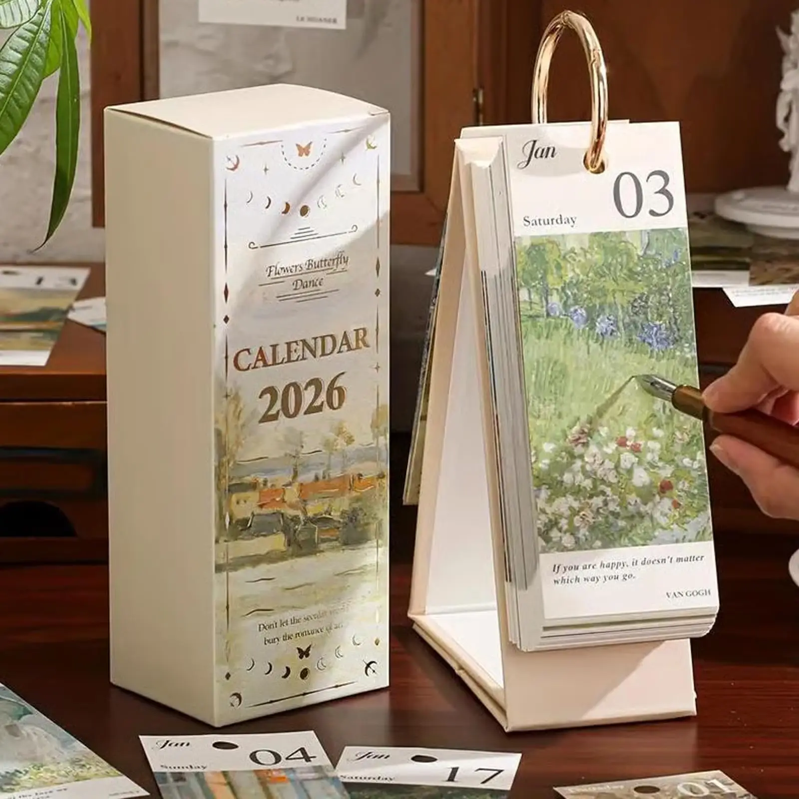 

2026 винтажный перекидной календарь с картиной маслом и подвеской в виде бабочки, элегантный настольный органайзер для домашнего офиса, настольные подарки