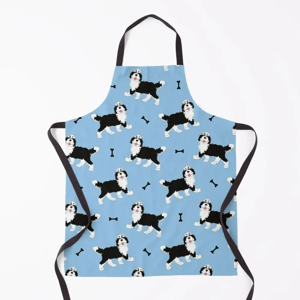 

Cute Black and White Bernedoodle - Blue Background Apron Kitchens Accessories work ladies Kitchen Household Items Ladies Apron
