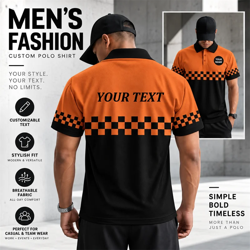 Black White Polo Jersey Custom Name Text Checkered Graphic Lightweight Shirt for Racing Fans Weekend Outfits and Daily Styling