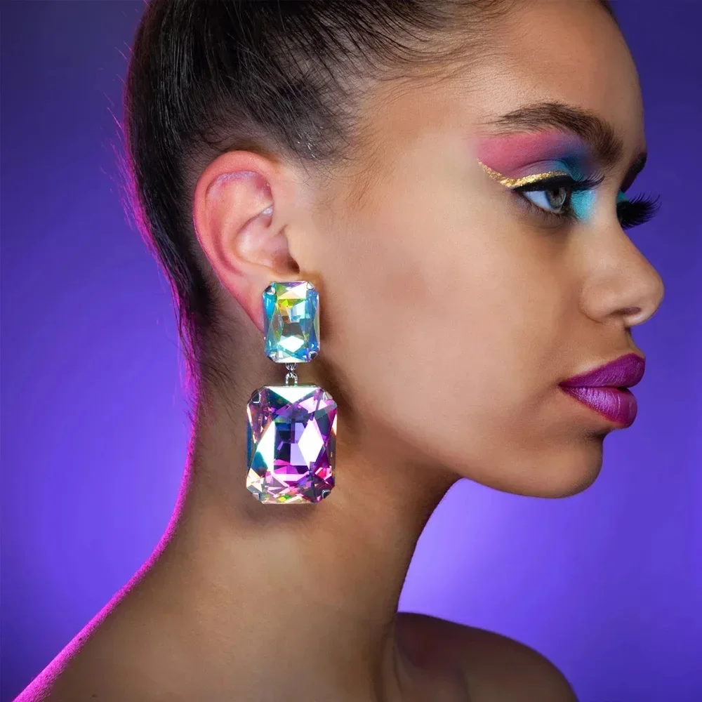 

Блестящие прямоугольные серьги-капли со стразами AB для женщин, преувеличенные большие висячие серьги, модные свадебные украшения для ушей, подарок