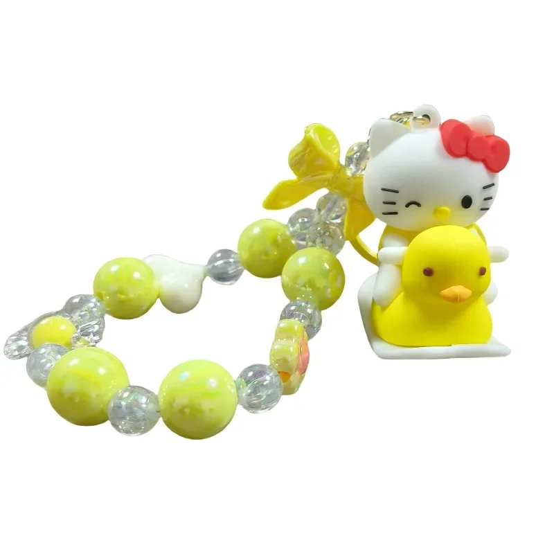 Miniso Sanrio Cartoon Rocking Duck Bead Mobile Phone Pendant Keychain Personalized Backpack Pendant Car Key Chains Cute Keyring