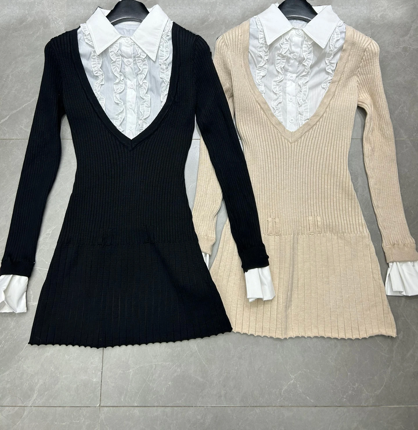 Splicing Fake Two-piece Long Sleeve Knitted Dress Women Turn Down Collar Slim Fit Contrasting Color Hip Wrapped Shirt Dress C241