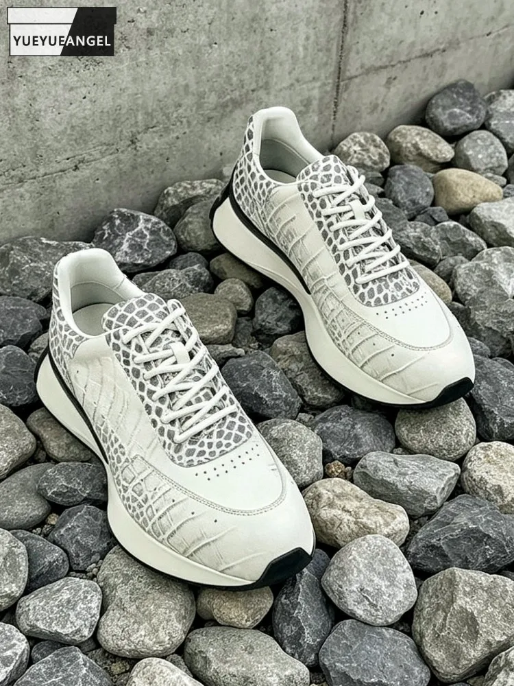 Mens Fashion Casual Crocodile Grain Shoes Lace Up Cowhide Genuine Leather Sneakers Comfortable Thick Bottom Jogging Shoes Male