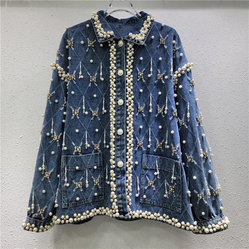 Women Diamonds Beaded Rhinestones Tassels Denim Jacket Loose Mid Length Pearls Jeans Coat Crystal Fringed Cowboy Cardigan Tops
