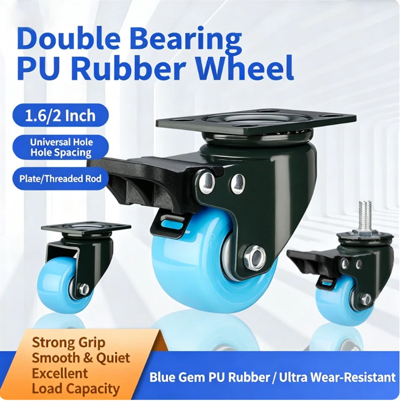 (4 Pieces Lot) 1.6/2 Inch Polyurethane Silent Casters Double Bearing Swivel Wheels With Brake Industrial Load Bearing Casters