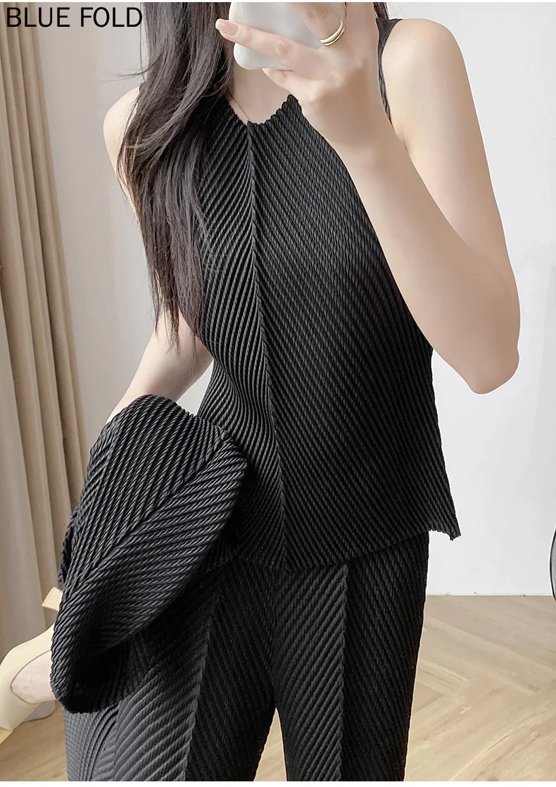 미야케 통근 기질 3피스 여성 고급 플리츠 패션 고급 바지 정장