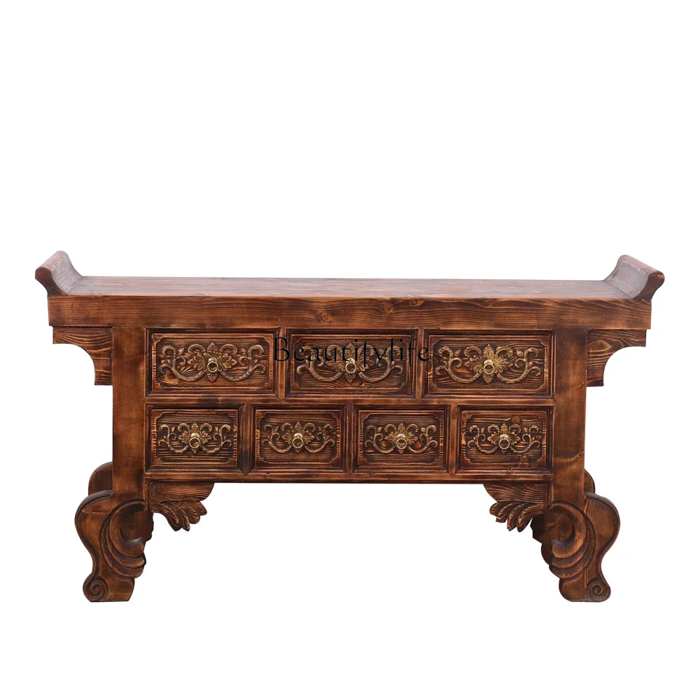 

yj58 New Chinese-style entrance cabinet Solid wood antique warped head carved foyer decorative cabinet