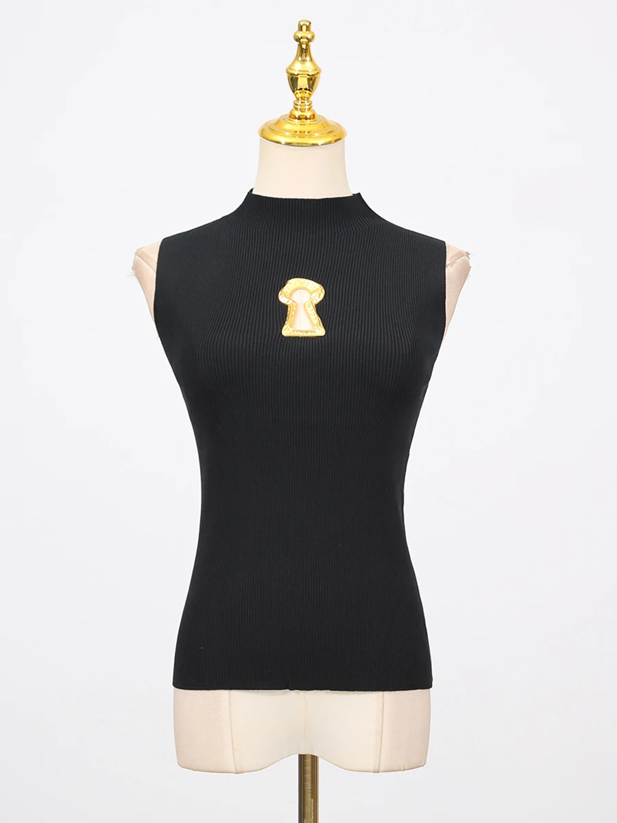 VGH อเมริกัน Casual Spliced Hollow Out สําหรับผู้หญิงยืนคอแขนกุด Slimming Minimalist Tank Top เสื้อผ้าหญิงใหม่