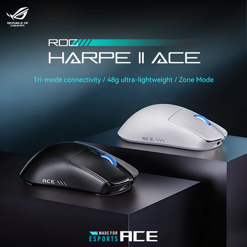 Беспроводная игровая мышь ASUS ROG Harpe II Ace, ультралегкая (48 г), 3 режима подключения (проводной/2.4 ГГц/Bluetooth), сенсор AimPoint Pro 8KHz 42K DPI, для киберспорта и FPS