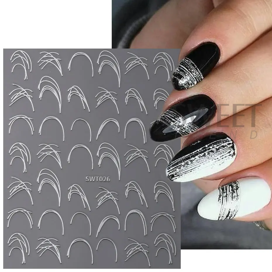 Autocollants pour Ongles en Gel Araignée, Métal, Argent, Blanc, Irrégulier, Graffiti, Rayure, Design 3D, Auto-Adhésif, Verhéritage, Curseur, Décor