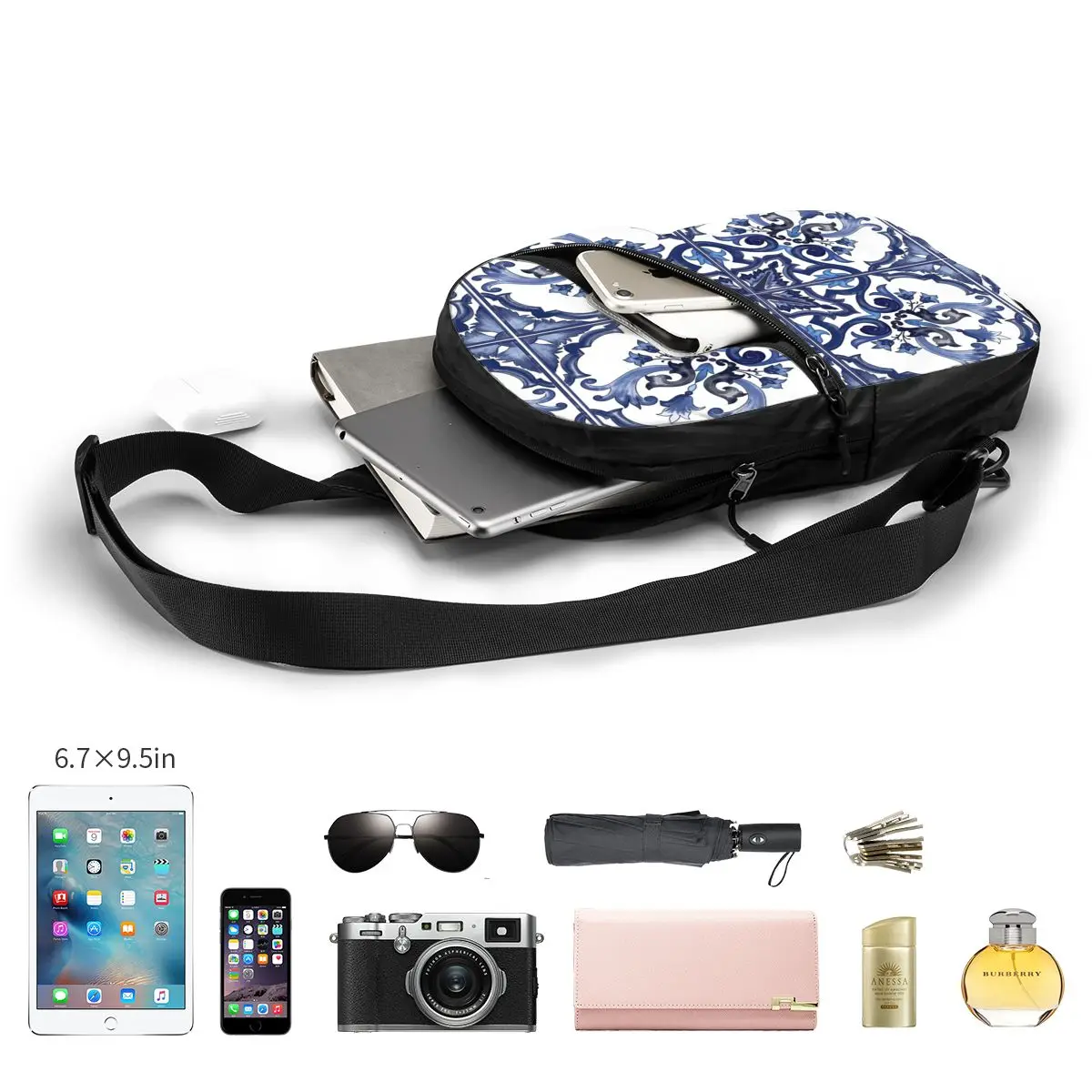 Blue Ornate Floral Mediterranean Sicilian Tile Chest Bag Men Sling Crossbody Backpack Chest Bag Traveling Daypack Shoulder Bag