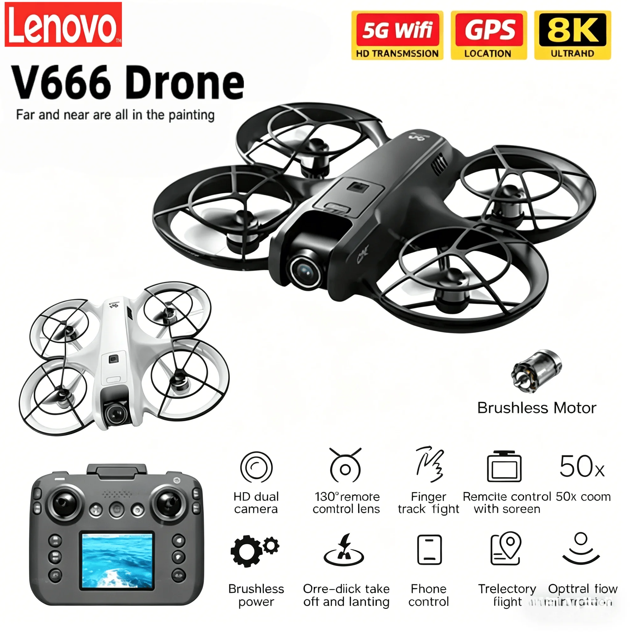 

Lenovo V666 Drone, 5G WIFI FPV, 8K HD Camera, Brushless Motor, Smart Obstacle Avoidance, Altitude Hold Headless Mode Quadcopter