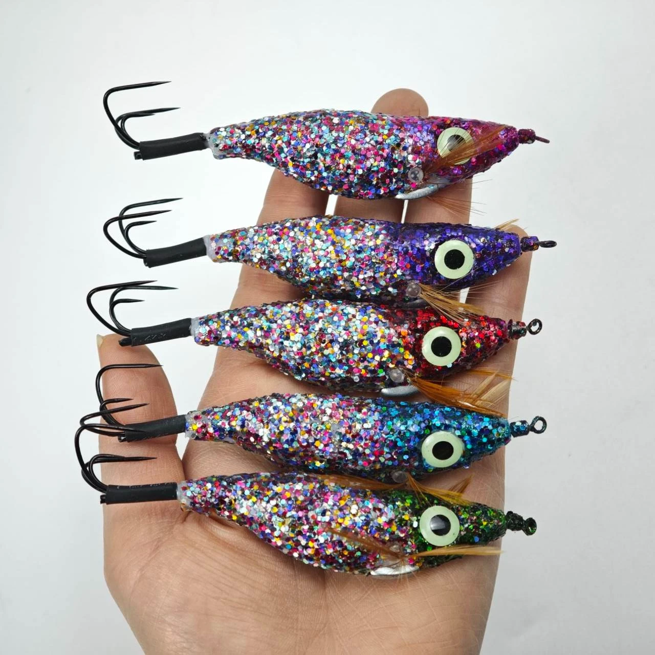 5pcs Glitter Luminous Squid Jigs Egi Lures, Glow In Dark Wood Shrimp Bait Triple Hook, Saltwater Octopus Eging Fishing Tackle view 5