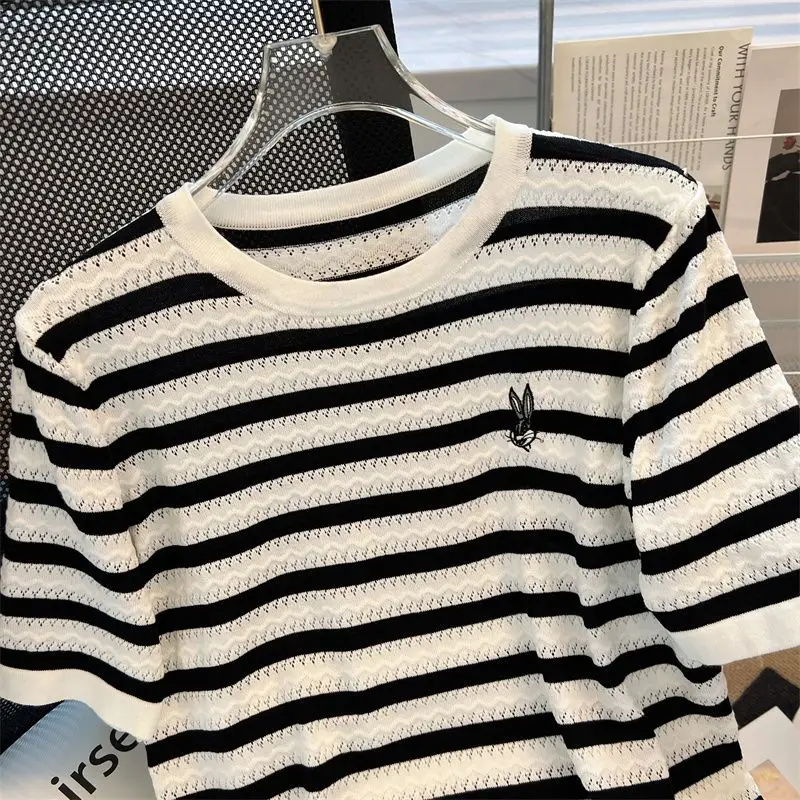 Summer Casual Loose Embroidery Striped T-shirt Women Fashion O-neck Short Sleeve Knit Top Tee Chic Hollow Out Thin Pullovers