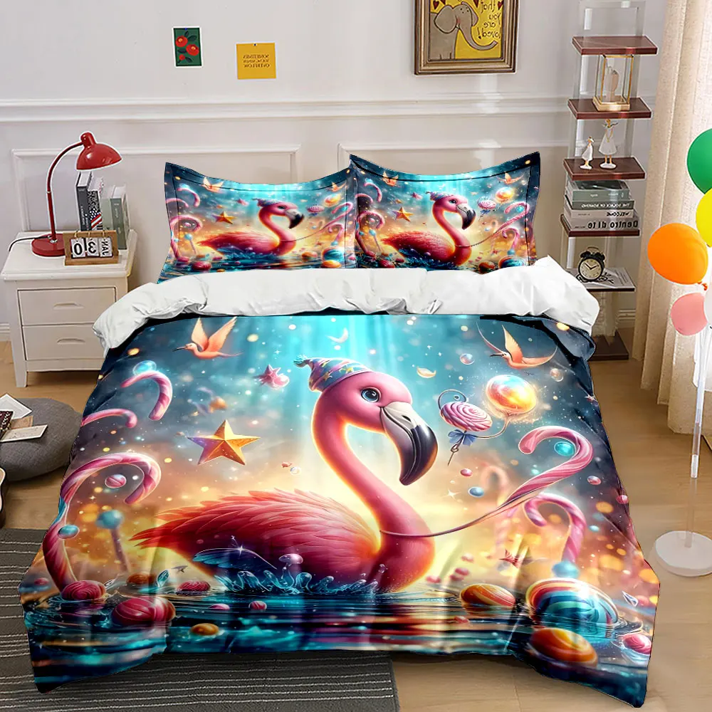 Dreamy Flamingo in Candy Land Bedding Set for Kids Luxury Gift 3pcs Digital Print Comforter Set Soft Comfortable Breathable