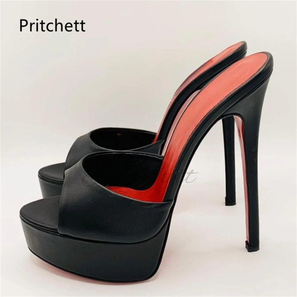 

Open Toe Platform High Heeled Slippers for Women Stiletto Mules Sexy Leather Pull On Fashion Summer Wedding Outside Shoes