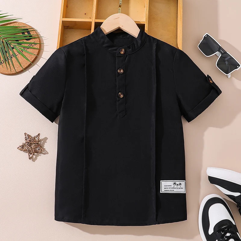 Simple Solid Black Girls Short Sleeve Shirt, Stand Collar Button Front Summer Top for Aged 8-12 Girls Daily Outfit