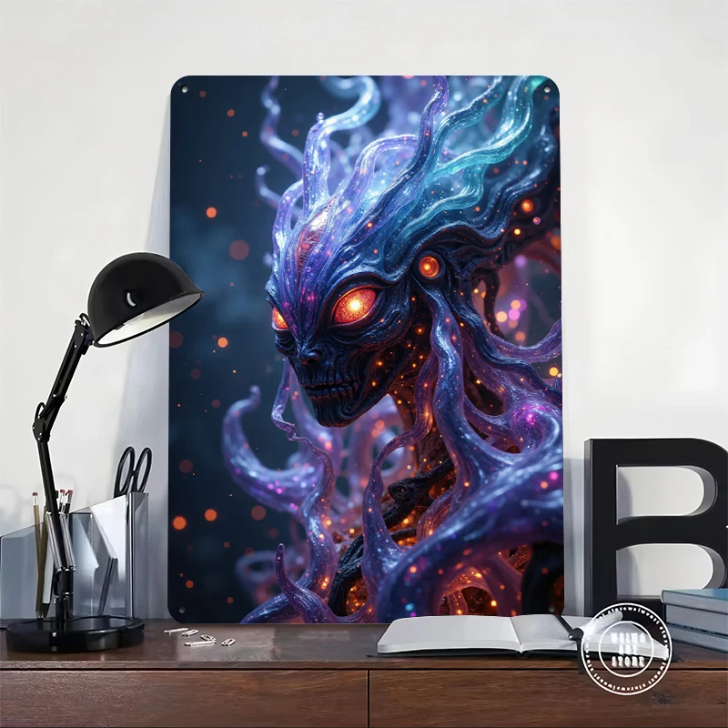 Cosmic Alien Creature Printed Poster Customized Wall Art Retro Vintage Metal Tin Signs for Home Decorations Aesthetic Room Decor