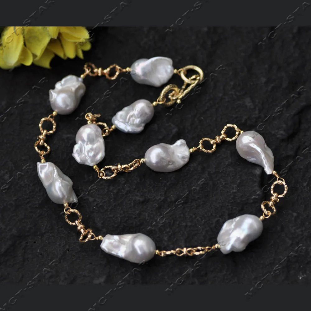 MTCSTAR 21'' 23mm White Baroque Keshi Reborn Pearl Necklace Golden Chain (Z14448)