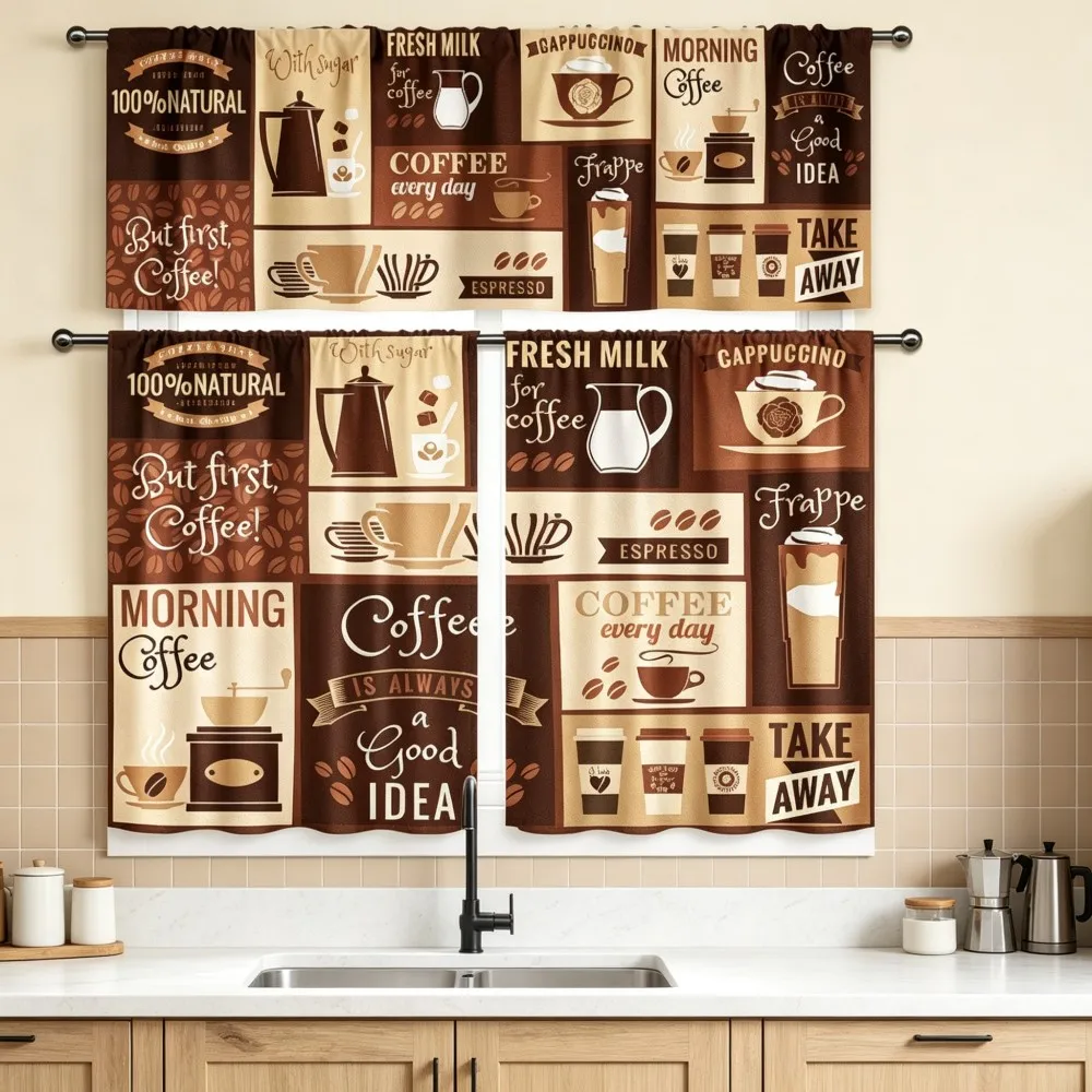 Vintage Kitchen Curtains, Coffee Cup Bean Poster, Digital Print, Kitchen Dining Room Cafe, Rod Pocket Polyester, Home Decor