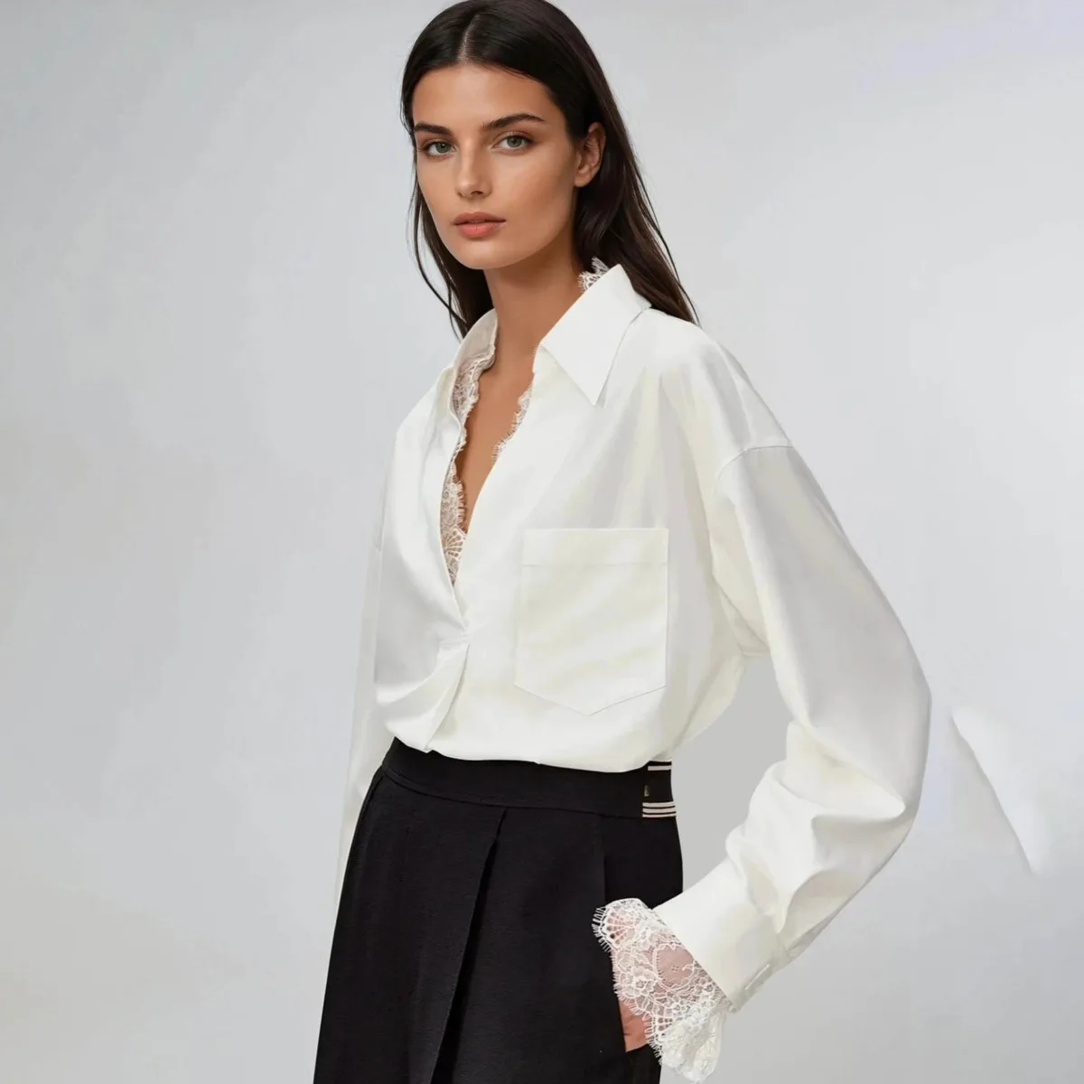 

Белая блузка с кружевной отделкой KT, женская, оверсайз, с V-образным вырезом, нагрудным карманом, длинными рукавами, на пуговицах, новинка 2026 года
