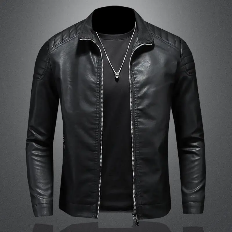 

Cool Men's Leather Jacket Color Block Baseball Uniform Zipper Closure Casual Fashion Resistant to Deformation Five Sleeve Length