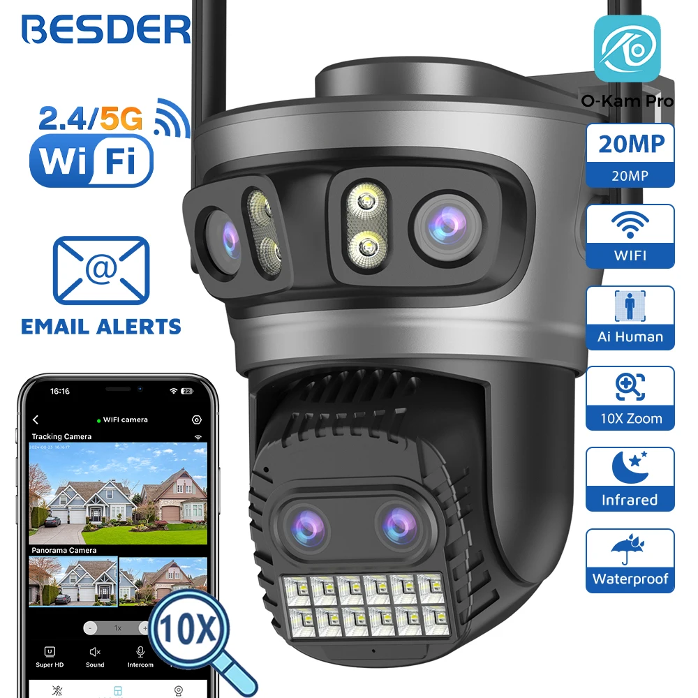 BESDER 16MP Wifi Camera IP PTZ Three Screen 180° Wide Angle Auto Tracking 10X Digital Zoom 20MP Security Protection O-Kam Pro